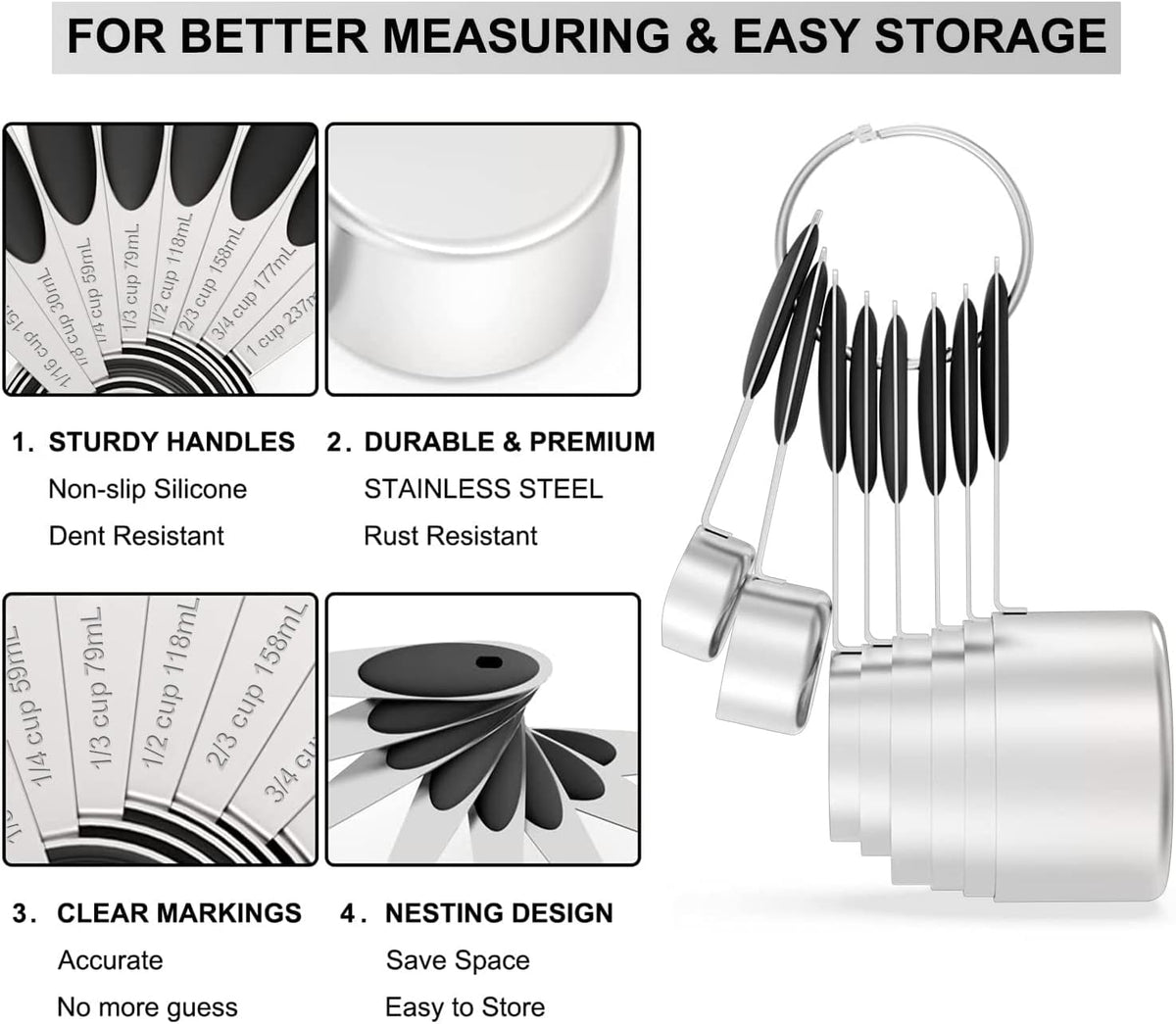 Stainless Measuring Cups and Spoons Set with Silicone Handle, 16pcs