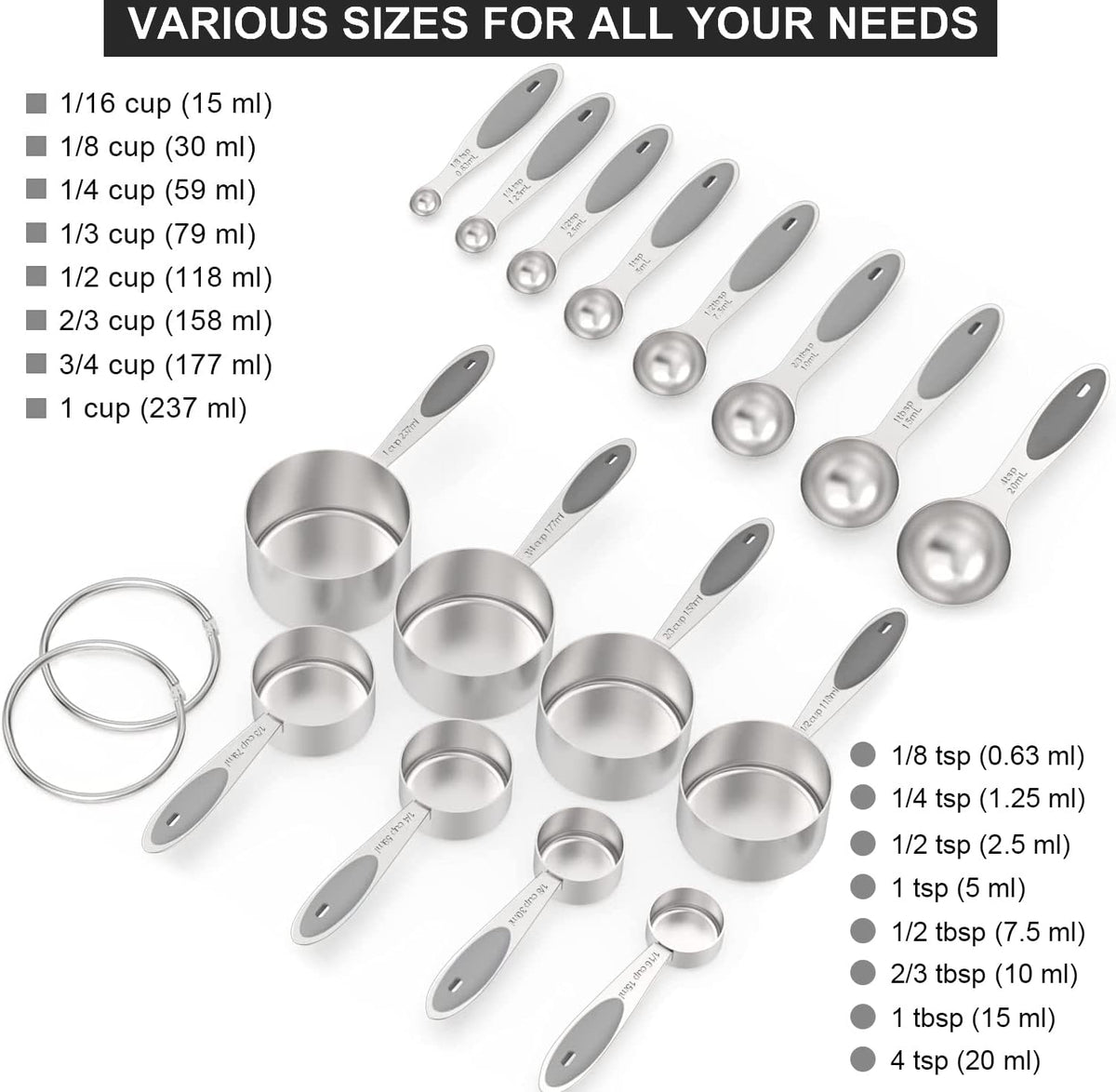 Stainless Measuring Cups and Spoons Set with Silicone Handle, 16pcs