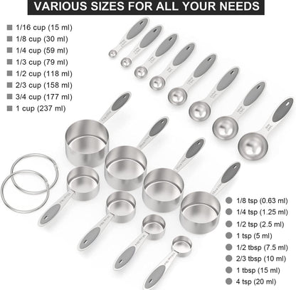 Stainless Measuring Cups and Spoons Set with Silicone Handle, 16pcs