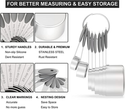 Stainless Measuring Cups and Spoons Set with Silicone Handle, 16pcs