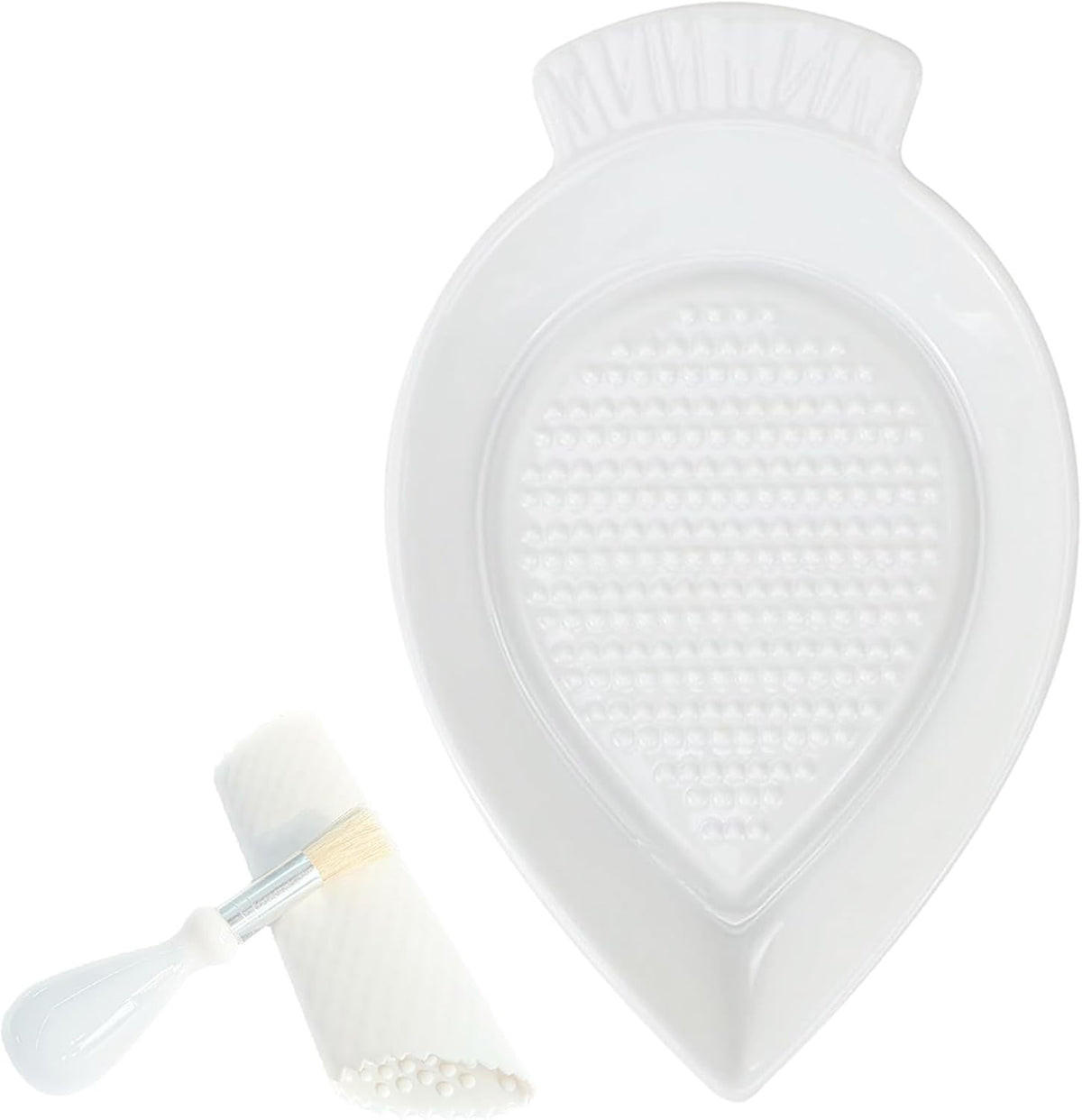 Ceramic Grater Plate for Ginger, Garlic, Onion, Cheese, Lemon, Chocolate, Vegetables and Fruits in Kitchen, White Garlic Grater with Peeler and Brush, Large