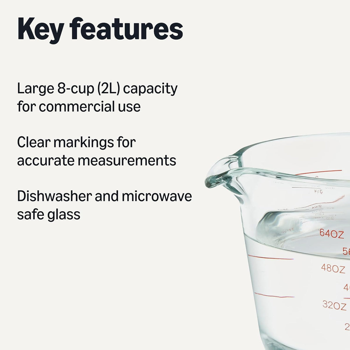Large Size Glass Measuring Cup, 8 Cup, Easy-to-Read Markings, Dishwasher/Microwave/Freezer/Oven Safe (Previously AmazonCommercial)
