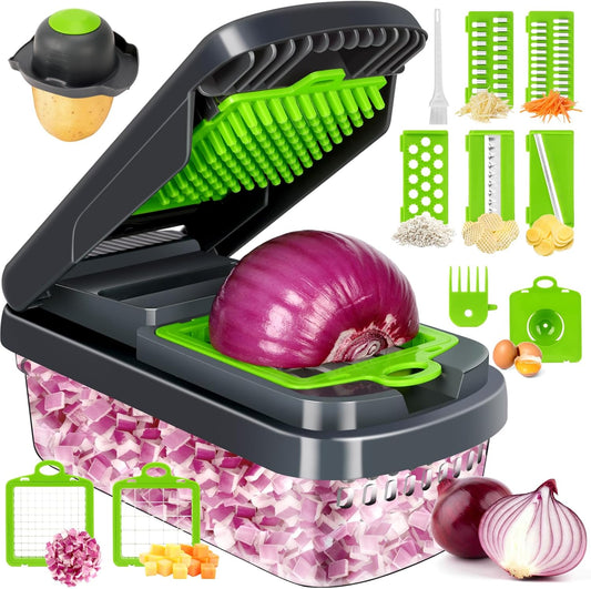 Vegetable Chopper, 12-in-1 Food Veggie Chopper Cutter with Container | 7 Sharp Blades Dice, Slice, Shred and Grate for Salads, Onions and Meal Prep, with a Non-Slip Base and Drain Basket