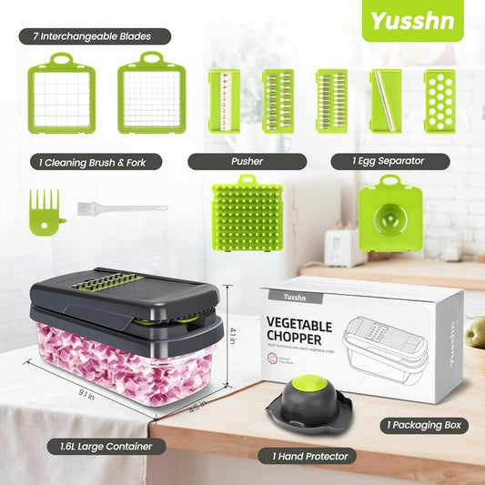 Vegetable Chopper, 12-in-1 Food Veggie Chopper Cutter with Container | 7 Sharp Blades Dice, Slice, Shred and Grate for Salads, Onions and Meal Prep, with a Non-Slip Base and Drain Basket