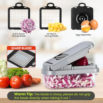 Vegetable Chopper, 12-in-1 Food Veggie Chopper Cutter with Container | 7 Sharp Blades Dice, Slice, Shred and Grate for Salads, Onions and Meal Prep, with a Non-Slip Base and Drain Basket