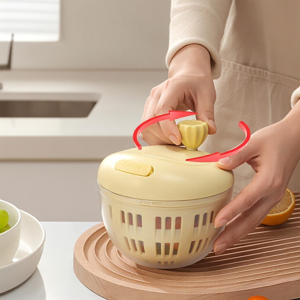 Fruit and Salad Washing Bowl with Strainer,Colander for Kitchen,Multi-Functional Vegetable and Food Drainer with Lid, Handle and Fork,Portable Fruit and Salad Containers for Fridge,BPA Free，Grape
