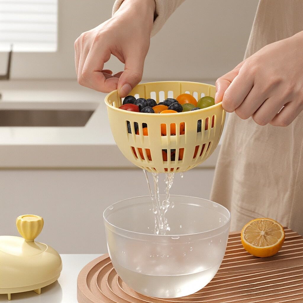 Fruit and Salad Washing Bowl with Strainer,Colander for Kitchen,Multi-Functional Vegetable and Food Drainer with Lid, Handle and Fork,Portable Fruit and Salad Containers for Fridge,BPA Free，Grape