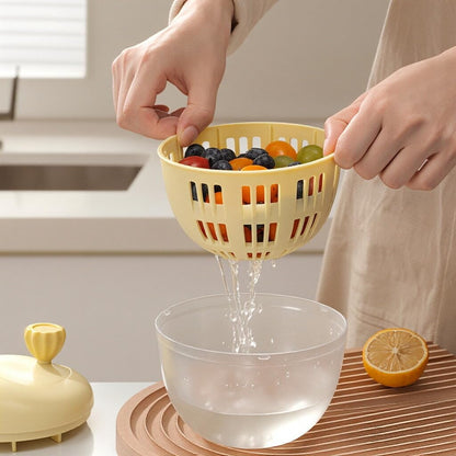 Fruit and Salad Washing Bowl with Strainer,Colander for Kitchen,Multi-Functional Vegetable and Food Drainer with Lid, Handle and Fork,Portable Fruit and Salad Containers for Fridge,BPA Free，Grape