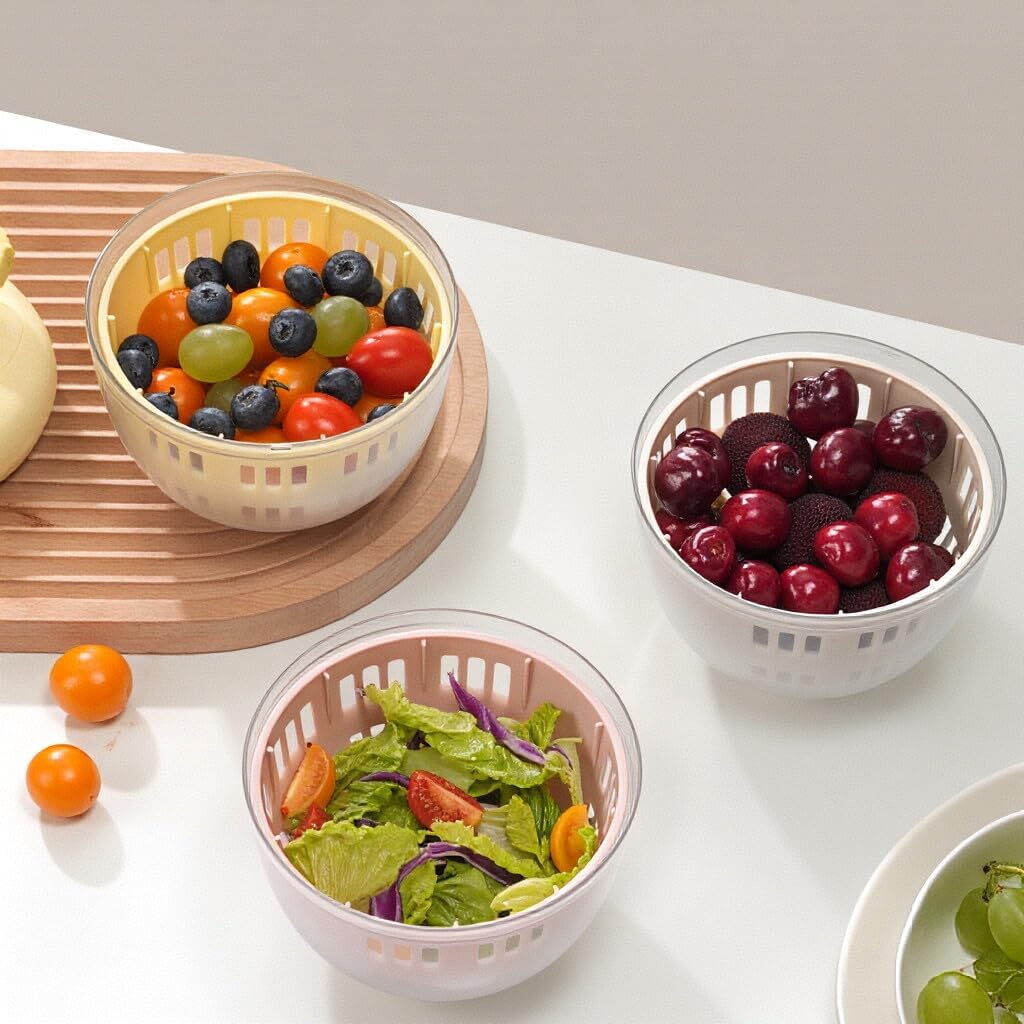 Fruit and Salad Washing Bowl with Strainer,Colander for Kitchen,Multi-Functional Vegetable and Food Drainer with Lid, Handle and Fork,Portable Fruit and Salad Containers for Fridge,BPA Free，Grape