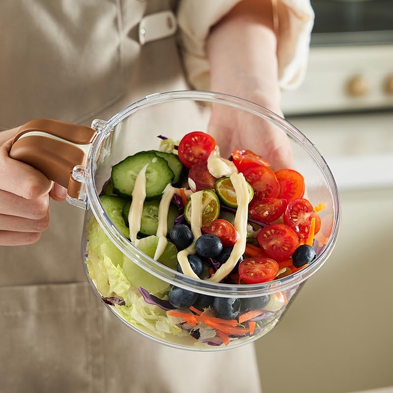 Fruit and Salad Washing Bowl with Strainer,Colander for Kitchen,Multi-Functional Vegetable and Food Drainer with Lid, Handle and Fork,Portable Fruit and Salad Containers for Fridge,BPA Free，Grape