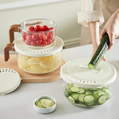 Fruit and Salad Washing Bowl with Strainer,Colander for Kitchen,Multi-Functional Vegetable and Food Drainer with Lid, Handle and Fork,Portable Fruit and Salad Containers for Fridge,BPA Free，Grape