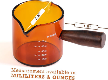 Amber 3.5oz Espresso Shot Glass Double Spouts with American Walnut Handle, Double Spout Glass Measuring Cup, Milk Frothing Pitcher