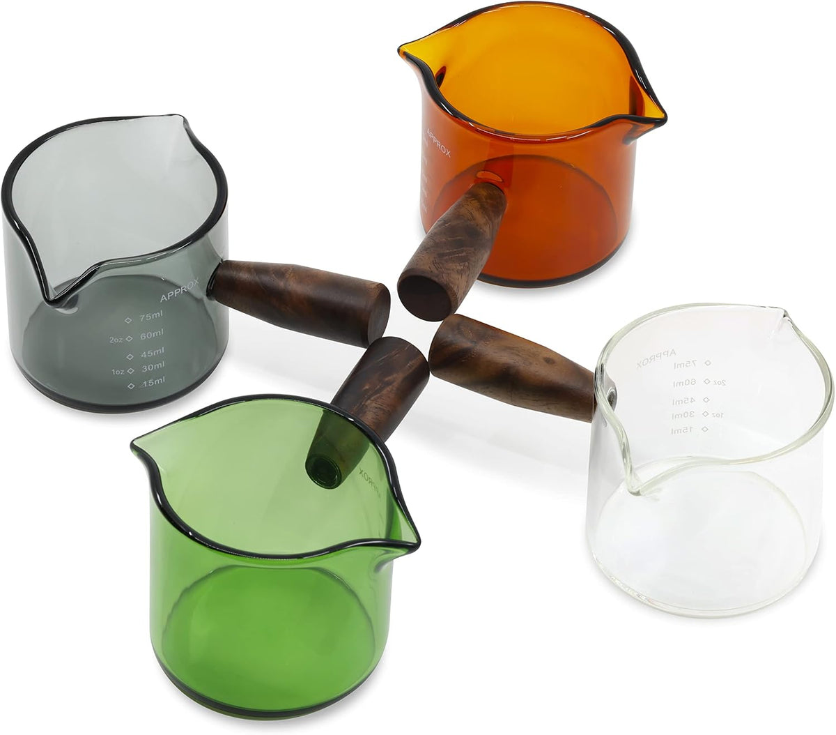 Amber 3.5oz Espresso Shot Glass Double Spouts with American Walnut Handle, Double Spout Glass Measuring Cup, Milk Frothing Pitcher