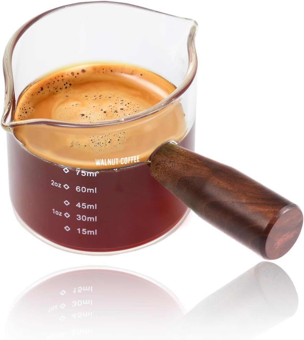 Amber 3.5oz Espresso Shot Glass Double Spouts with American Walnut Handle, Double Spout Glass Measuring Cup, Milk Frothing Pitcher