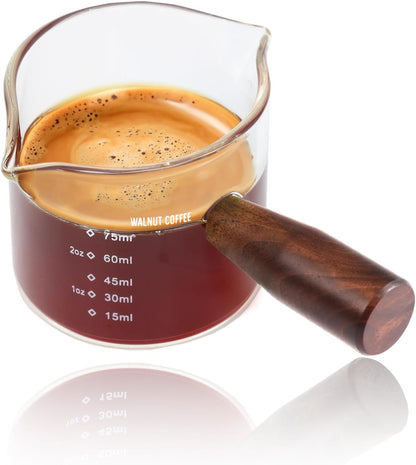Amber 3.5oz Espresso Shot Glass Double Spouts with American Walnut Handle, Double Spout Glass Measuring Cup, Milk Frothing Pitcher