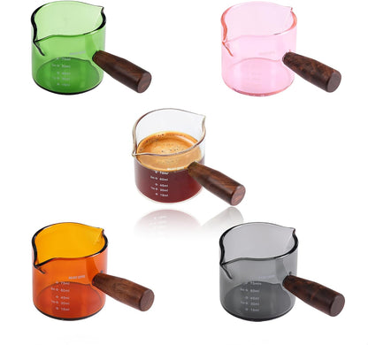 Amber 3.5oz Espresso Shot Glass Double Spouts with American Walnut Handle, Double Spout Glass Measuring Cup, Milk Frothing Pitcher