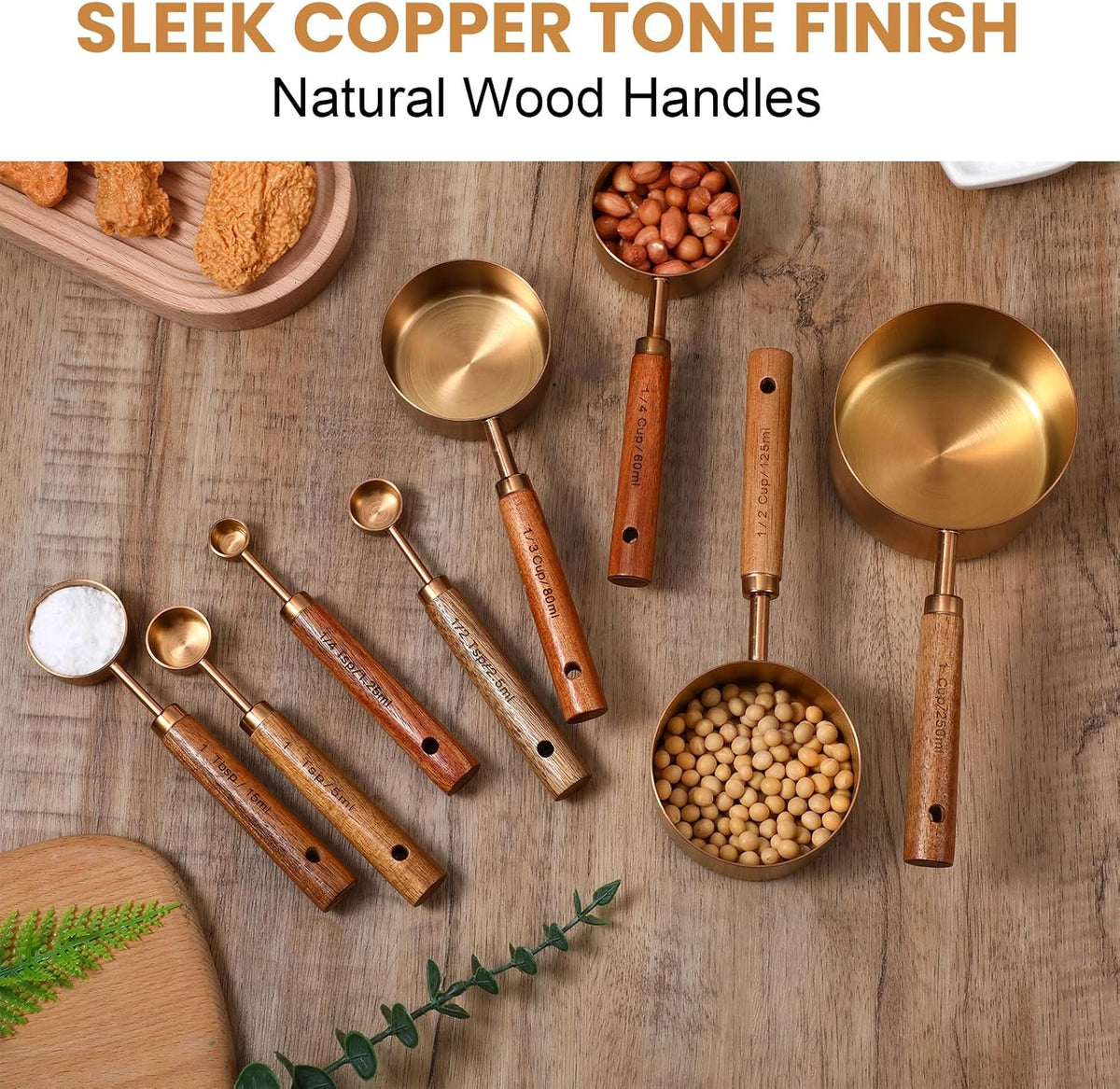 8-Piece Stainless Steel Measuring Cups and Spoons Set - Rose Gold Baking Measuring Cups and Spoons Set with Wooden Handles for Cooking & Baking (US & Metric Measurements)