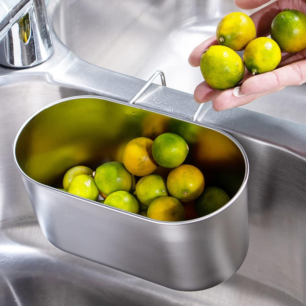 Stainless Steel Sink Drain Strainer Basket, Multifunctional Hanging Sink Strainer Colander Drain Basket Kitchen Sink Food Waste Filter and Wash Vegetables Fruits(Silver)