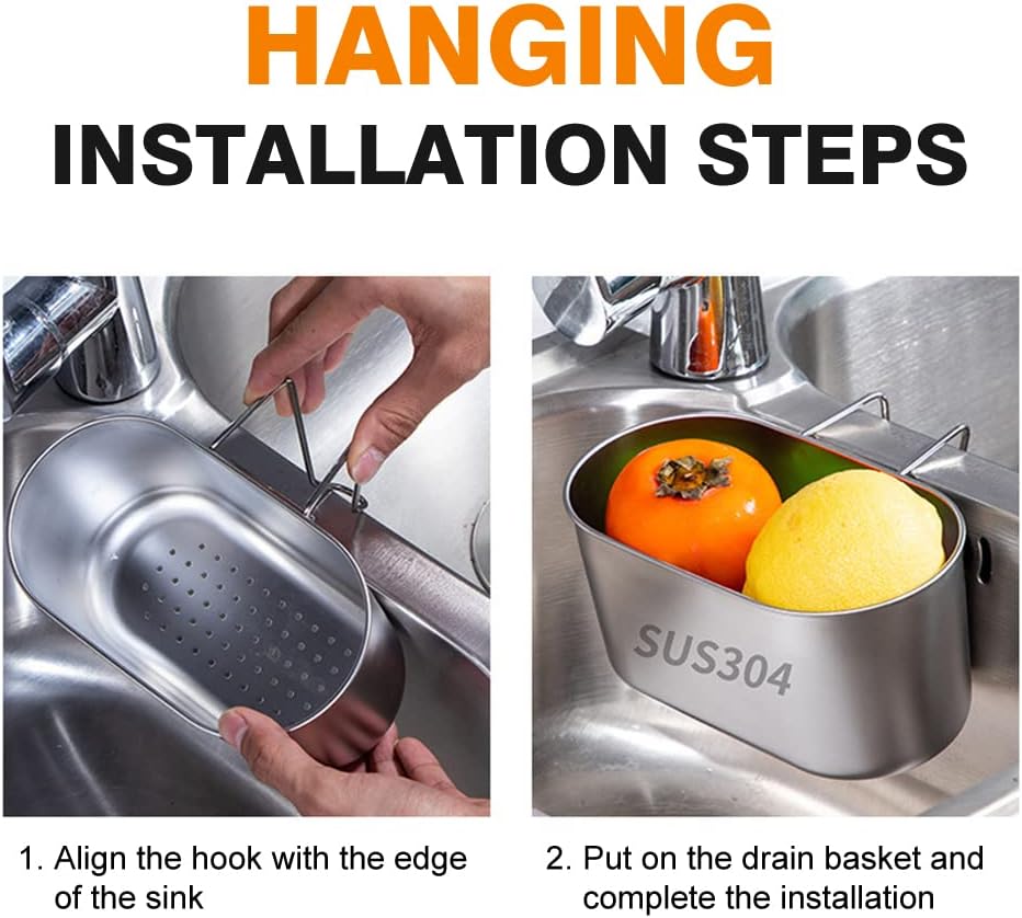 Stainless Steel Sink Drain Strainer Basket, Multifunctional Hanging Sink Strainer Colander Drain Basket Kitchen Sink Food Waste Filter and Wash Vegetables Fruits(Silver)