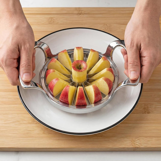 Apple Slicer & Corer 12-Blade Stainless Steel with 5-Inch Opening | Heavy-duty 12-blade design cores and slices apples through the 5-inch opening and is dishwasher safe for easy cleanup.