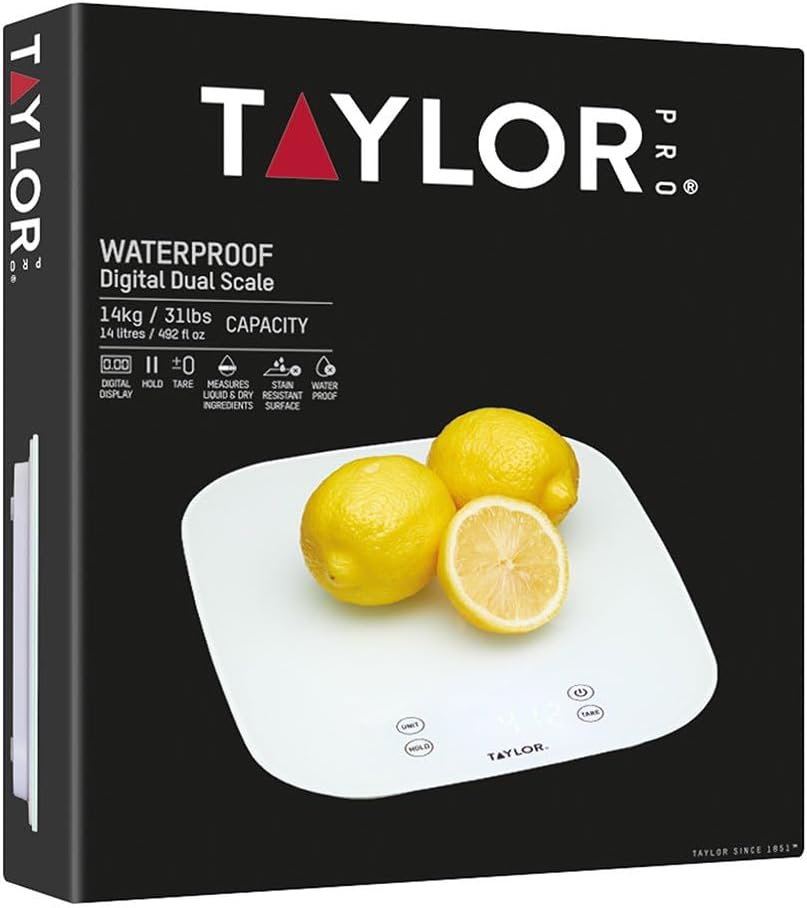 Pro Digital Kitchen Food Scales, Compact Professional Standard with Precision Accuracy and Waterproof Design with Tare Feature, White Glass, Weighs 14 kg/14 L Capacity