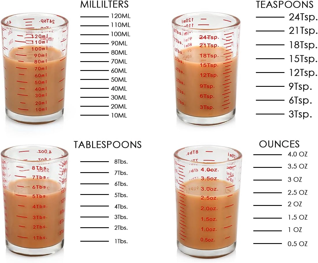 120 Milliliter Measuring Cup 2 Pieces Shot Glass Measuring Cup with 4 Kinds of Measuring Scale for Small Amount Liquid (Red, 120 ml)