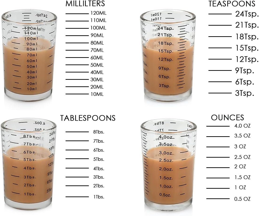 120 Milliliter Measuring Cup 2 Pieces Shot Glass Measuring Cup with 4 Kinds of Measuring Scale for Small Amount Liquid (Red, 120 ml)