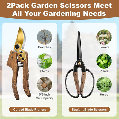 2Pack Garden Pruning Shears Set: Ultra Sharp SK5 Blade Gardening Shears & Precision Garden Scissors,Wood Like&Wide Walnut Ergonomic Handle,Perfect for Plant,Bonsai,Shrub,floral,Branch Trimming