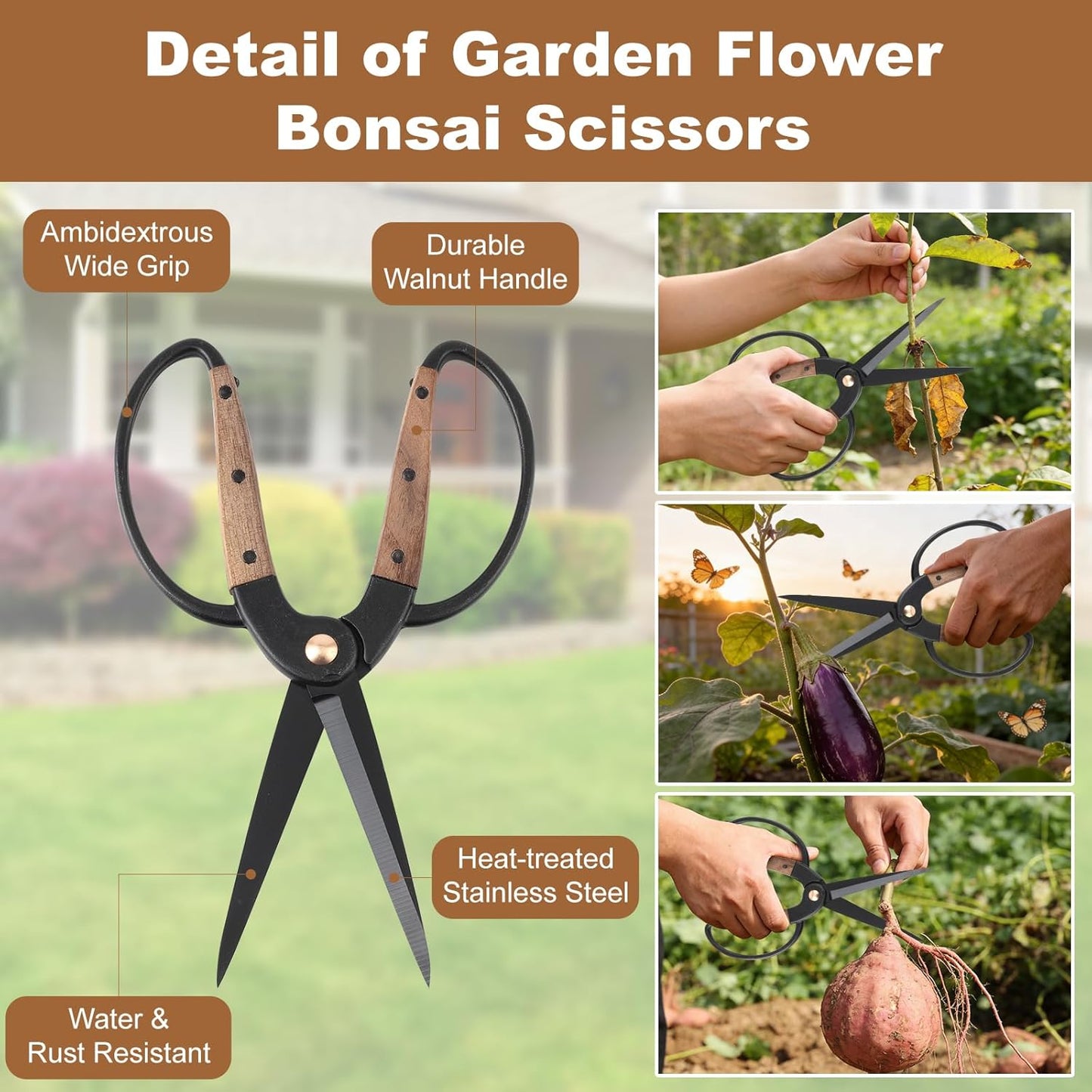 2Pack Garden Pruning Shears Set: Ultra Sharp SK5 Blade Gardening Shears & Precision Garden Scissors,Wood Like&Wide Walnut Ergonomic Handle,Perfect for Plant,Bonsai,Shrub,floral,Branch Trimming
