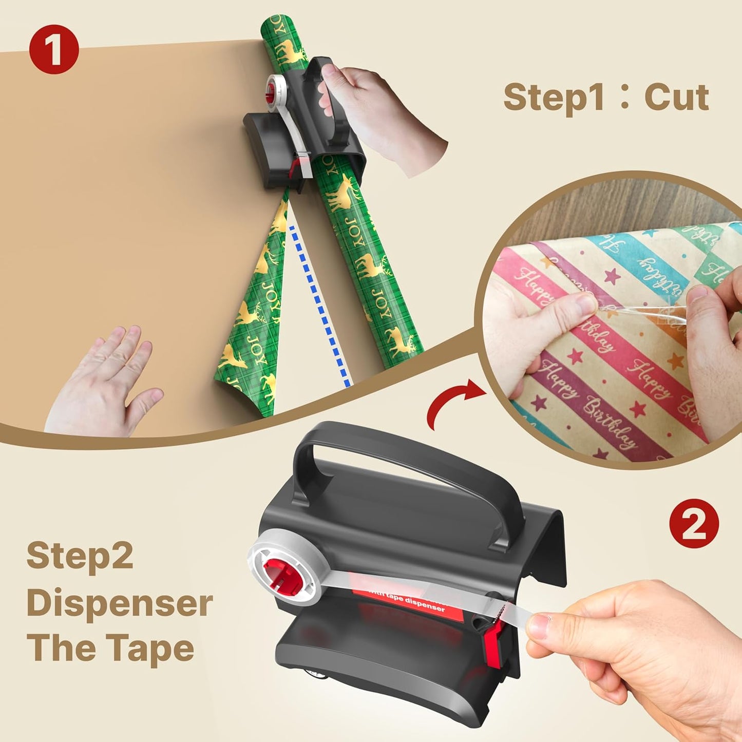(2-Pack) Wheel Wrapping Paper Cutter & Tape Dispenser with 4 Tapes，2 Replace Blades Kit for Christmas Gift Wrap Cutter Tool Paper Roll Holder Tube Sliding Slicing for Birthday Holiday.
