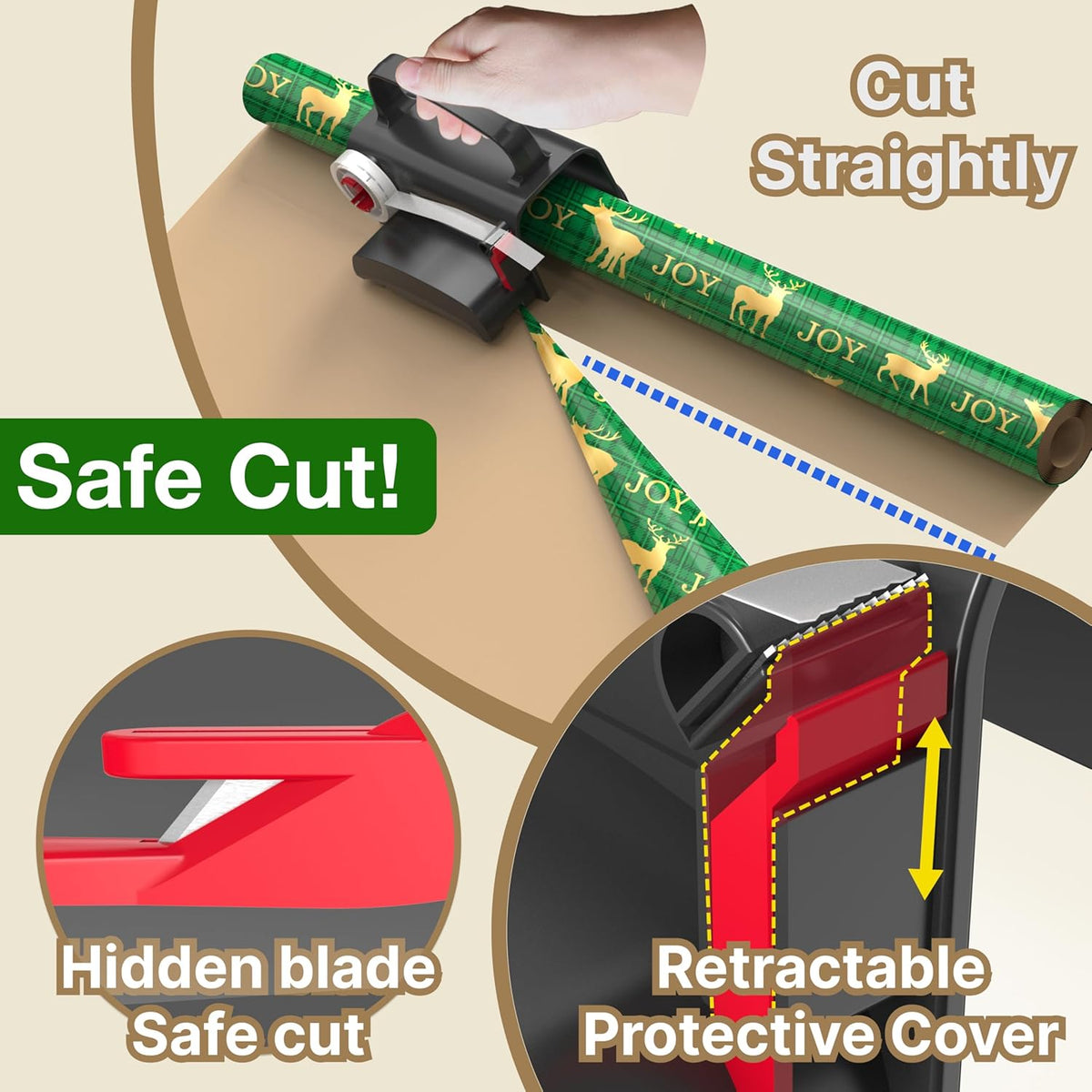 (2-Pack) Wheel Wrapping Paper Cutter & Tape Dispenser with 4 Tapes，2 Replace Blades Kit for Christmas Gift Wrap Cutter Tool Paper Roll Holder Tube Sliding Slicing for Birthday Holiday.