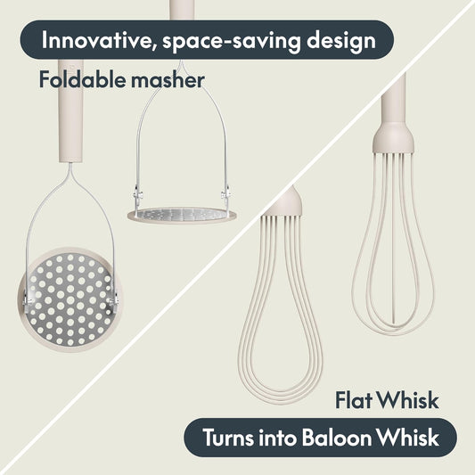2-Piece Compact Masher and Whisk Set, Fold Flat, Stainless steel and silicone, Foldable Masher, Ballon Whisk, Flat Whisk, Non-stick, Nonslip, Heat safe to 425°F, Oatmilk