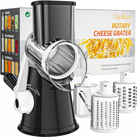 Rotary Cheese Grater Hand Crank Cheese Shredder, Black | for Fresh Cheese, Vegetable, Nuts,Non-slip Suction Base, Three Blades
