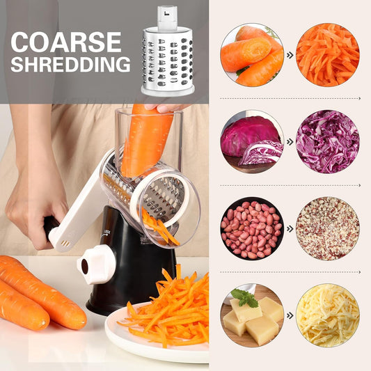 Rotary Cheese Grater Hand Crank Cheese Shredder, Black | for Fresh Cheese, Vegetable, Nuts,Non-slip Suction Base, Three Blades