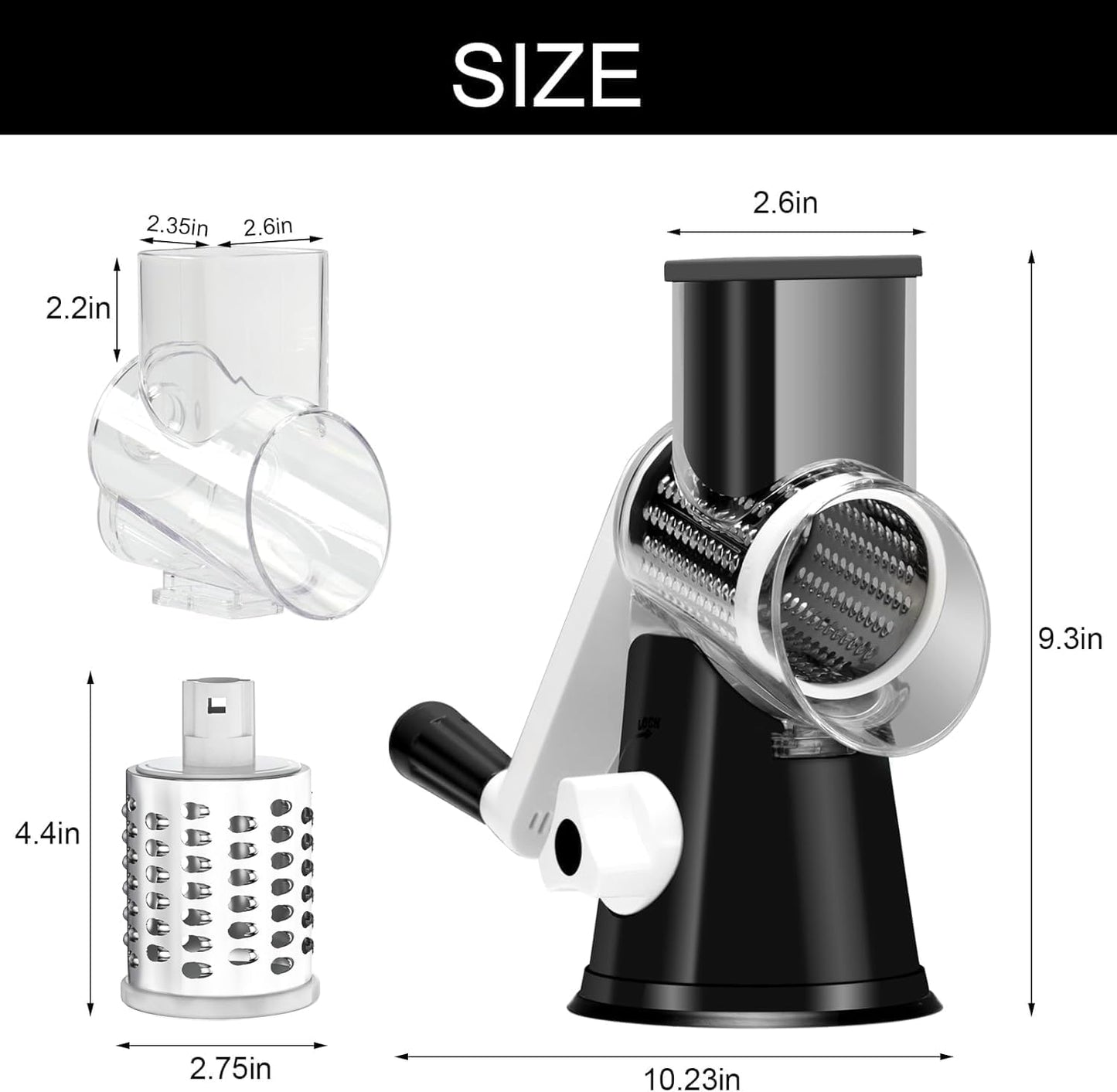 Rotary Cheese Grater Hand Crank Cheese Shredder, Black | for Fresh Cheese, Vegetable, Nuts,Non-slip Suction Base, Three Blades