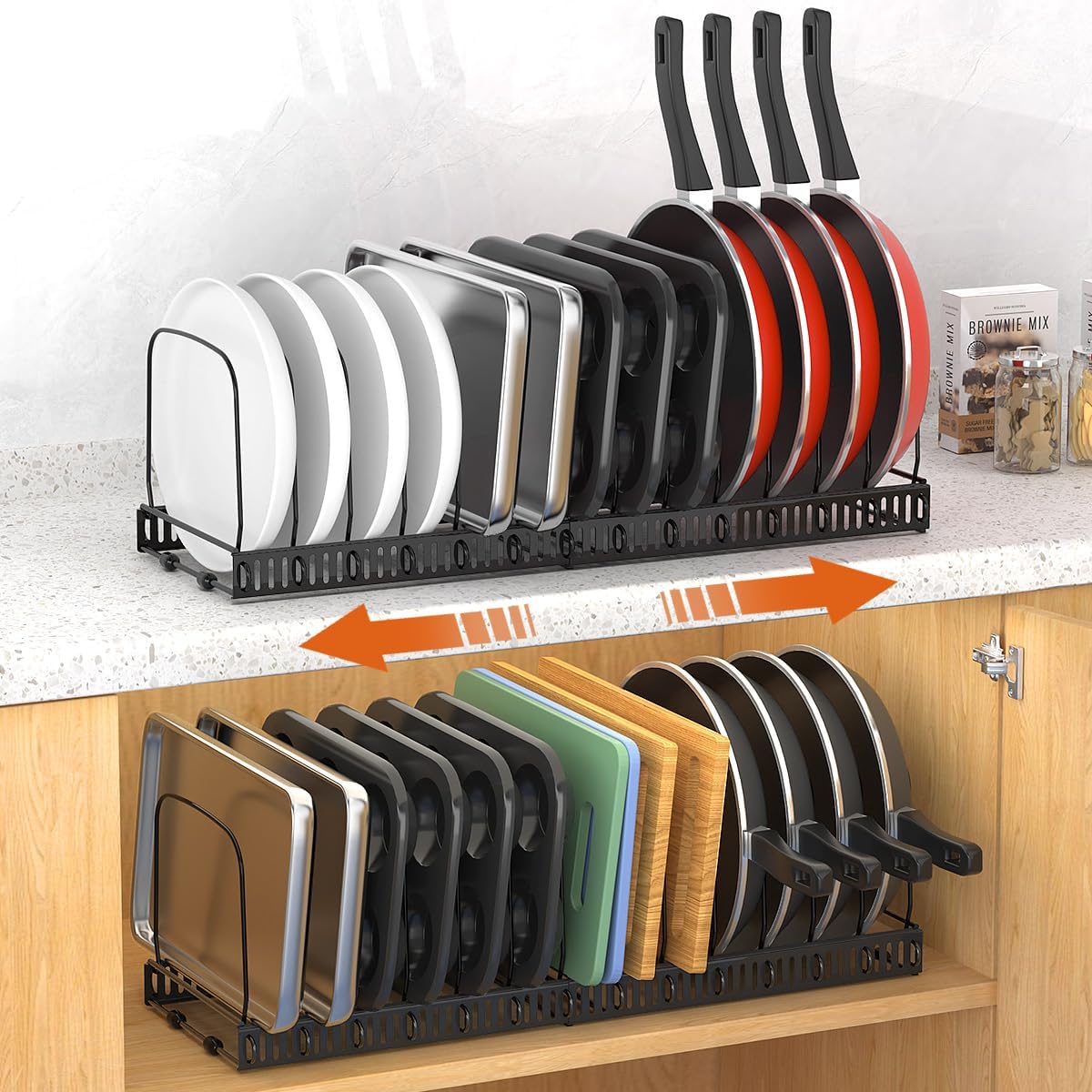 Cutting Board Organizer Rack, Expandable Baking Tray and Cookie Sheet Organizer with 14 Adjustable Dividers, Bakeware Muffin Tin Cupcake Pan Storage Organizer for Cabinet, Black