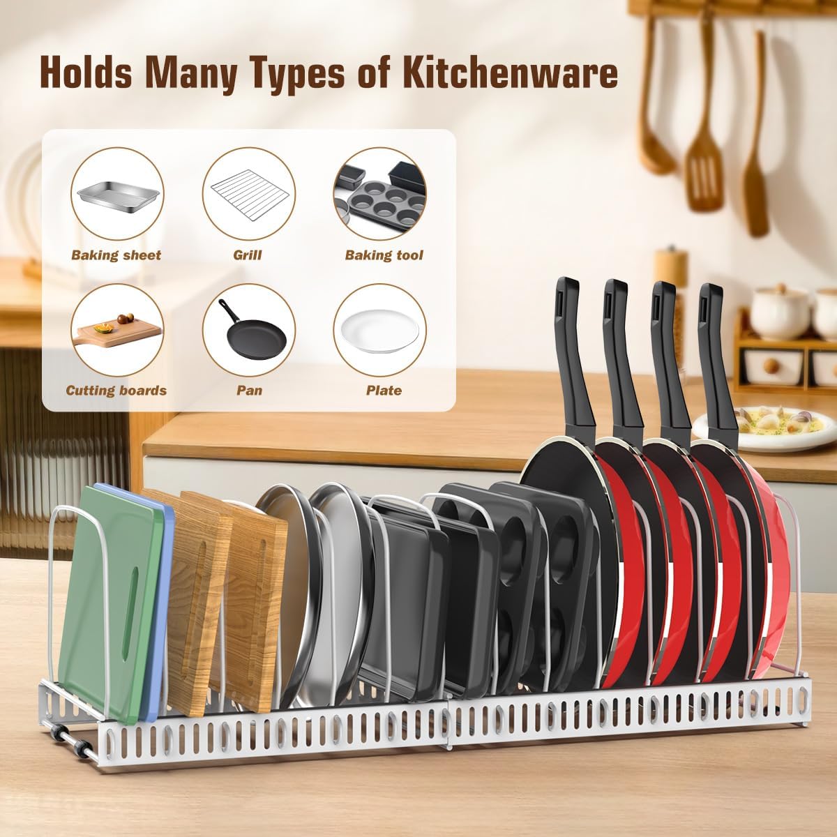 Cutting Board Organizer Rack, Expandable Baking Tray and Cookie Sheet Organizer with 14 Adjustable Dividers, Bakeware Muffin Tin Cupcake Pan Storage Organizer for Cabinet, Black