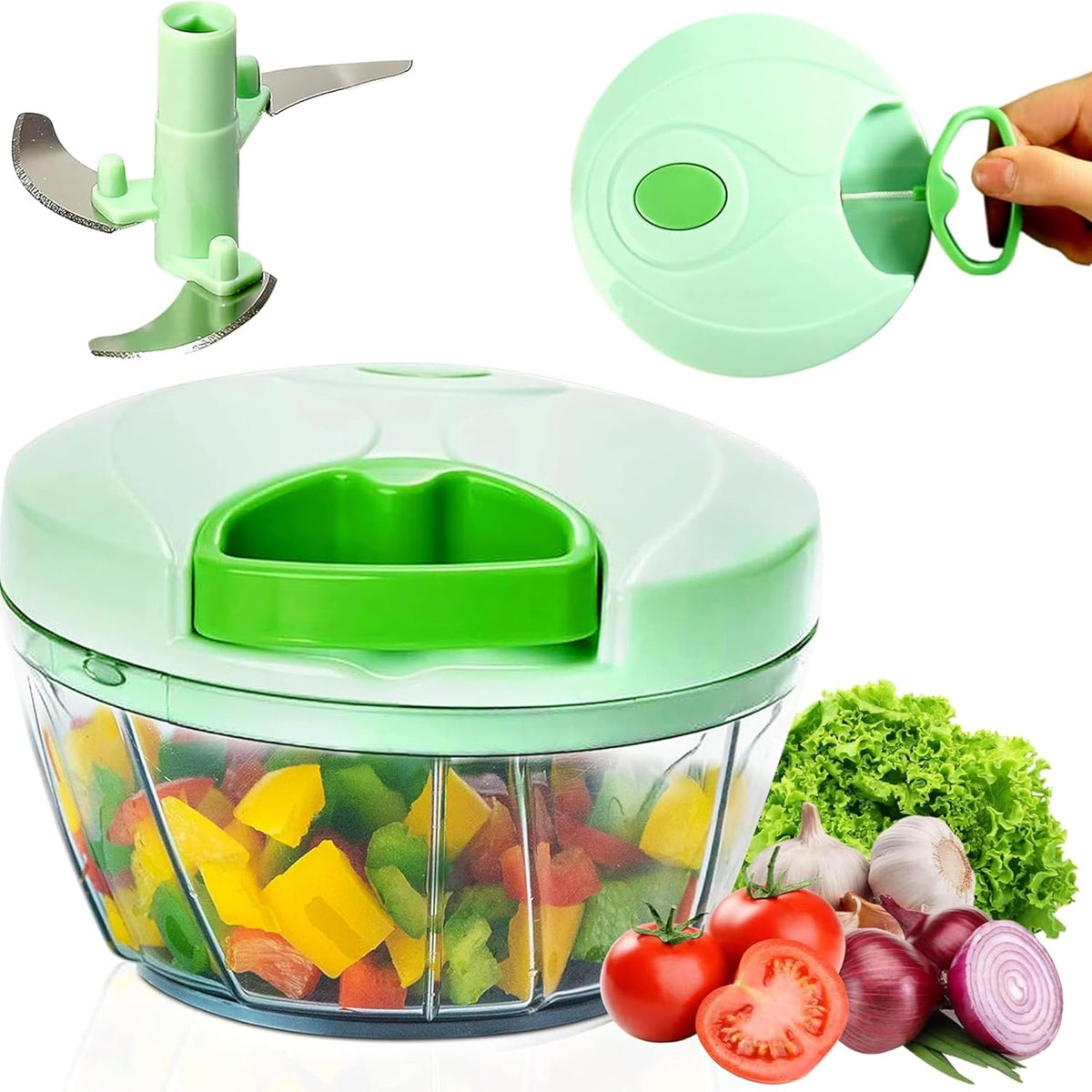 Manual Food Chopper with Pull Cord – Hand Pull Onion Chopper & Vegetable Cutter – 3 Stainless Steel Blades, BPA-Free Bowl, Mini Kitchen Chopper