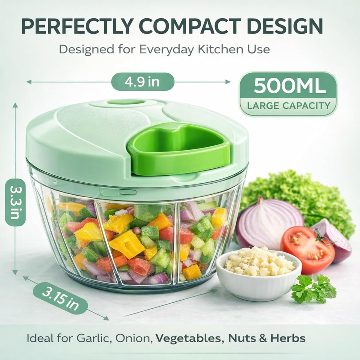 Manual Food Chopper with Pull Cord – Hand Pull Onion Chopper & Vegetable Cutter – 3 Stainless Steel Blades, BPA-Free Bowl, Mini Kitchen Chopper