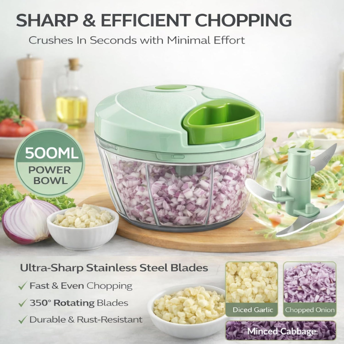 Manual Food Chopper with Pull Cord – Hand Pull Onion Chopper & Vegetable Cutter – 3 Stainless Steel Blades, BPA-Free Bowl, Mini Kitchen Chopper