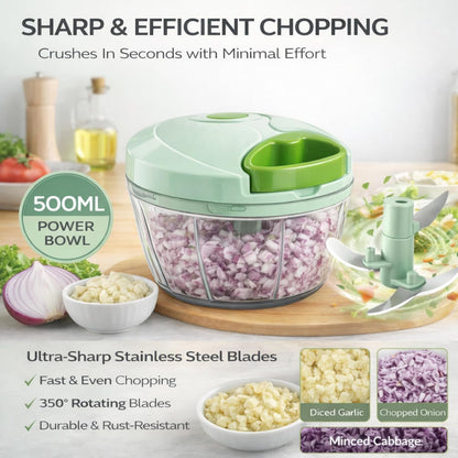 Manual Food Chopper with Pull Cord – Hand Pull Onion Chopper & Vegetable Cutter – 3 Stainless Steel Blades, BPA-Free Bowl, Mini Kitchen Chopper