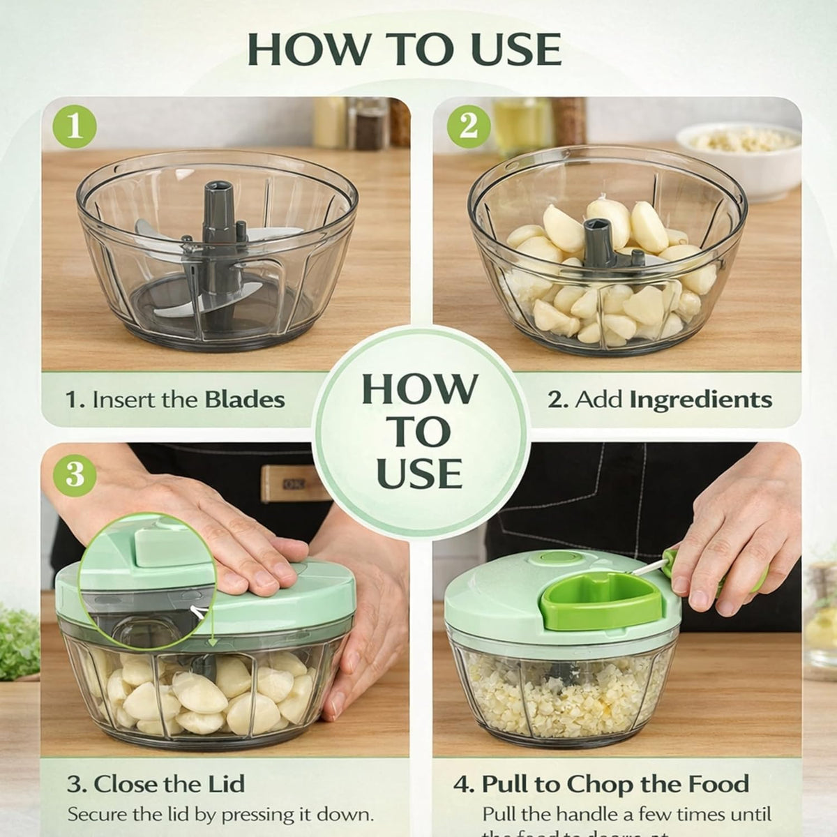 Manual Food Chopper with Pull Cord – Hand Pull Onion Chopper & Vegetable Cutter – 3 Stainless Steel Blades, BPA-Free Bowl, Mini Kitchen Chopper