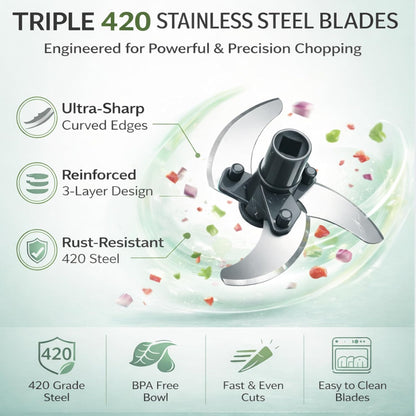 Manual Food Chopper with Pull Cord – Hand Pull Onion Chopper & Vegetable Cutter – 3 Stainless Steel Blades, BPA-Free Bowl, Mini Kitchen Chopper