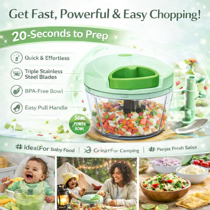 Manual Food Chopper with Pull Cord – Hand Pull Onion Chopper & Vegetable Cutter – 3 Stainless Steel Blades, BPA-Free Bowl, Mini Kitchen Chopper