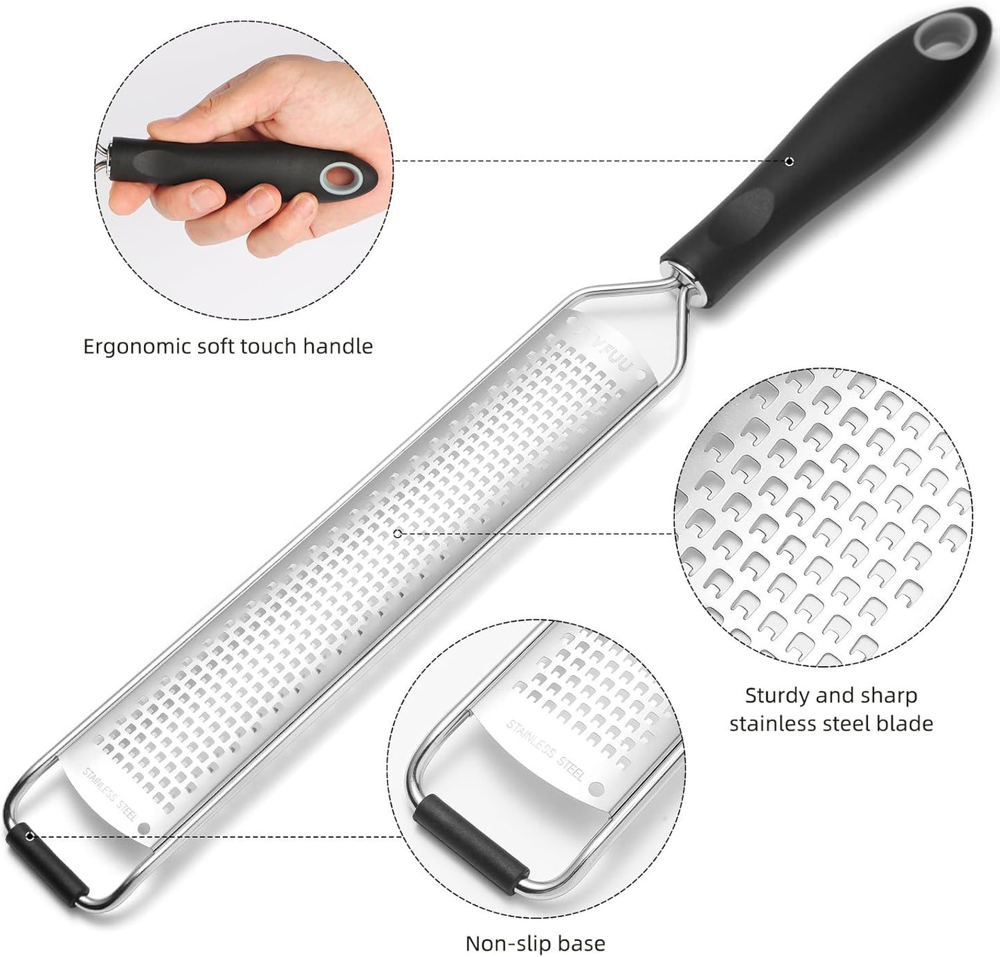 Premium Lemon Zester & Cheese Grater,Stainless Steel (Black) | For Parmesan Cheese, Lemon, Ginger, Garlic, Nutmeg, Chocolate; Sharp Blade, Dishwasher Safe, Multi-use Kitchen Tool