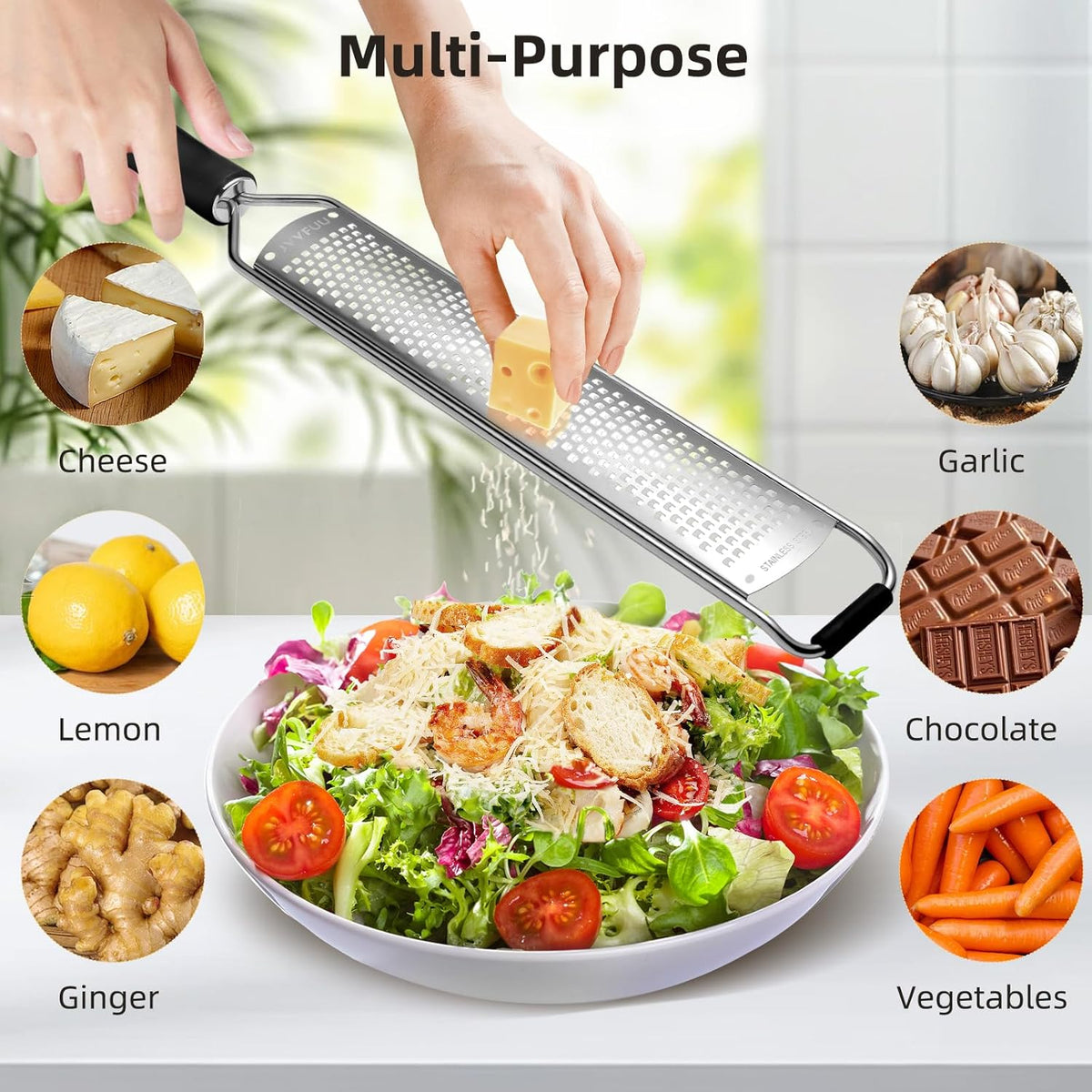 Premium Lemon Zester & Cheese Grater,Stainless Steel (Black) | For Parmesan Cheese, Lemon, Ginger, Garlic, Nutmeg, Chocolate; Sharp Blade, Dishwasher Safe, Multi-use Kitchen Tool