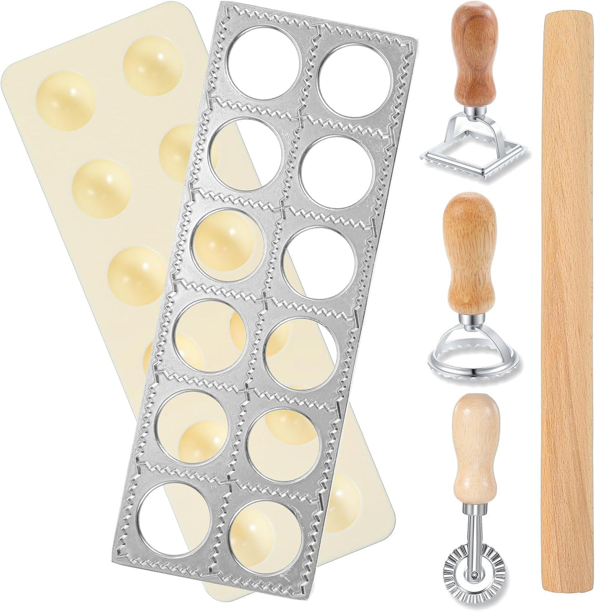 5 Pcs Ravioli Mold Set, 2 Inch Squares Raviolis Maker Press & 3 Pasta Cutter Stamp Makers & 1 Wood Rolling Pin, Pasta Making Tool Kit for Home Kitchen Restaurant Supplies
