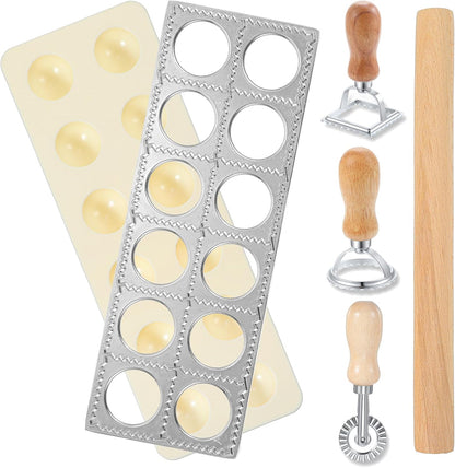 5 Pcs Ravioli Mold Set, 2 Inch Squares Raviolis Maker Press & 3 Pasta Cutter Stamp Makers & 1 Wood Rolling Pin, Pasta Making Tool Kit for Home Kitchen Restaurant Supplies