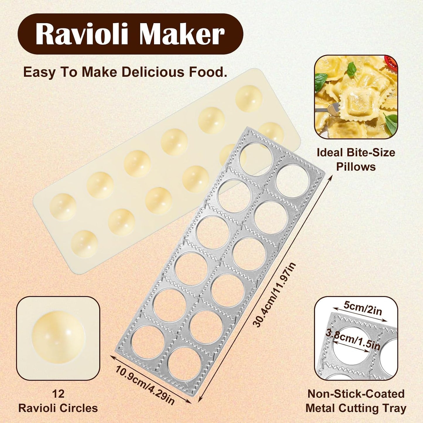 5 Pcs Ravioli Mold Set, 2 Inch Squares Raviolis Maker Press & 3 Pasta Cutter Stamp Makers & 1 Wood Rolling Pin, Pasta Making Tool Kit for Home Kitchen Restaurant Supplies