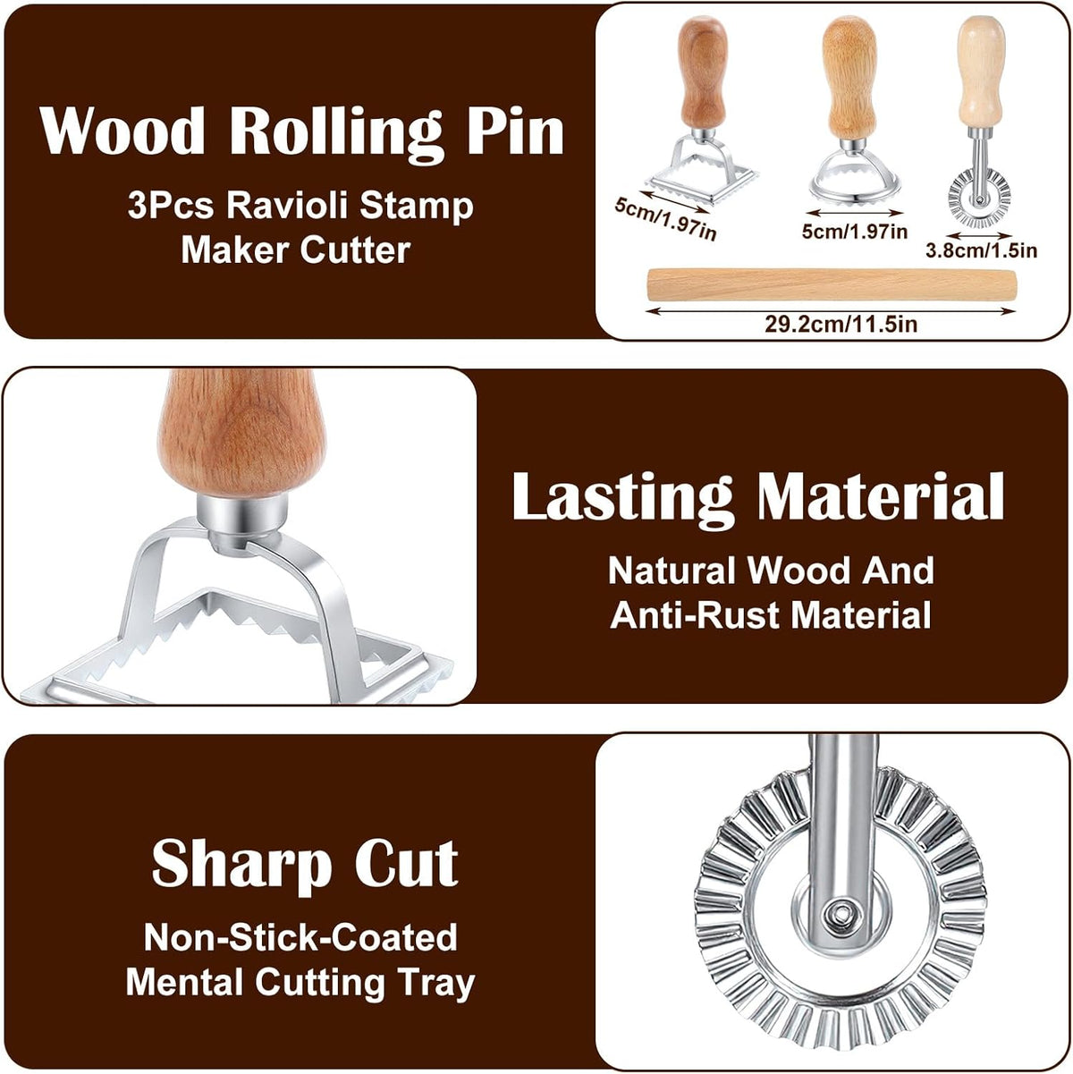 5 Pcs Ravioli Mold Set, 2 Inch Squares Raviolis Maker Press & 3 Pasta Cutter Stamp Makers & 1 Wood Rolling Pin, Pasta Making Tool Kit for Home Kitchen Restaurant Supplies
